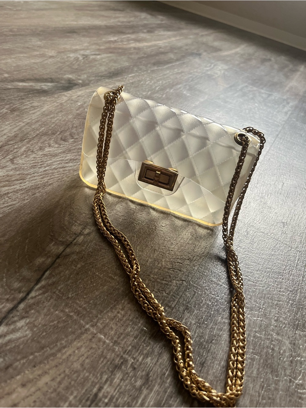 Clear Quilted Chain Shoulder Bag with Gold Hardware